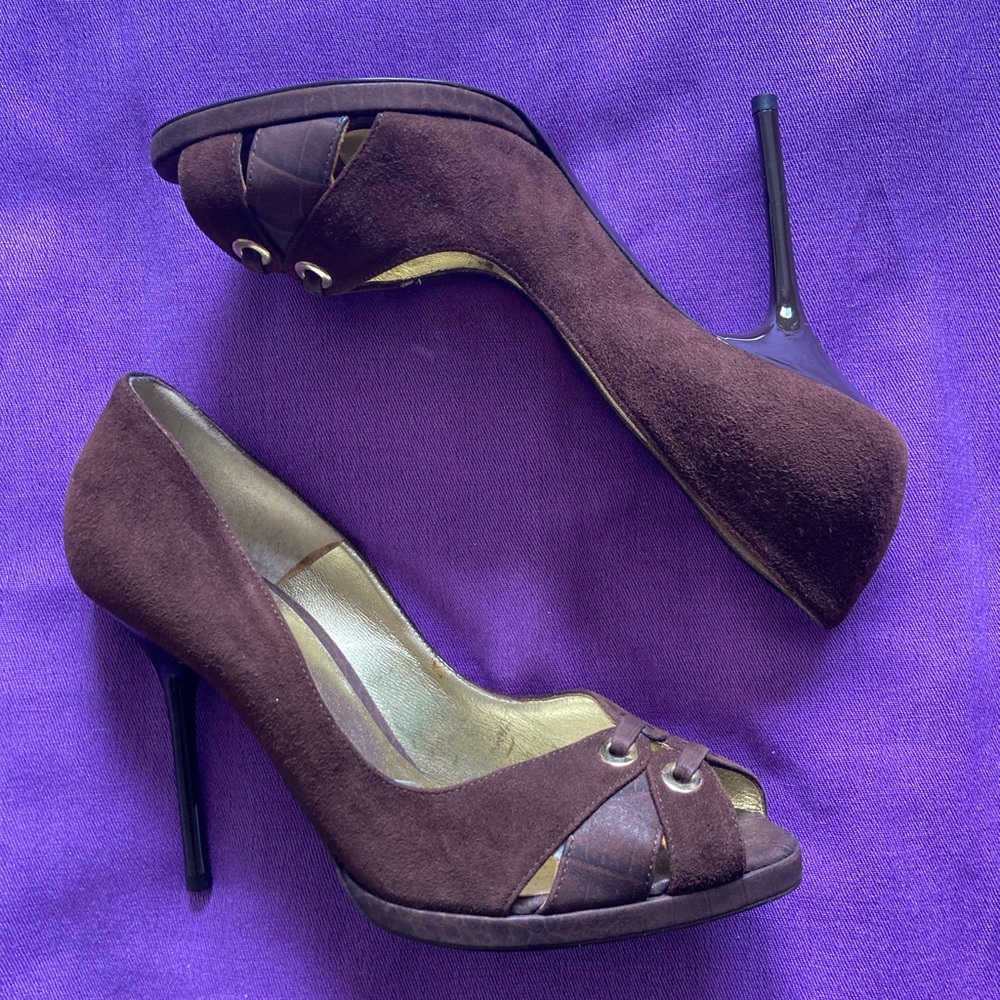 ESCADA Brown Leather Peep Toe Heels Size 38